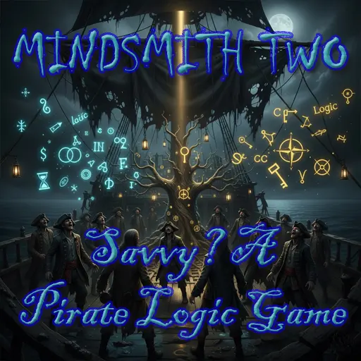 A crew of ragged, mad-looking pirates on a decaying, moonlit ship confronts the viewer, while a glowing symbol of logic floats in the air.