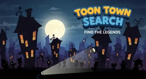 A colorful collage of legendary cartoon characters including Mickey Mouse, Bugs Bunny, and SpongeBob for the Toon Town Search game.